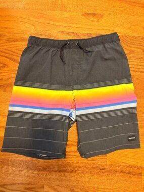 Hurley Boys Size Large L 14/16 Black Neon Striped Swim Trunks EUC